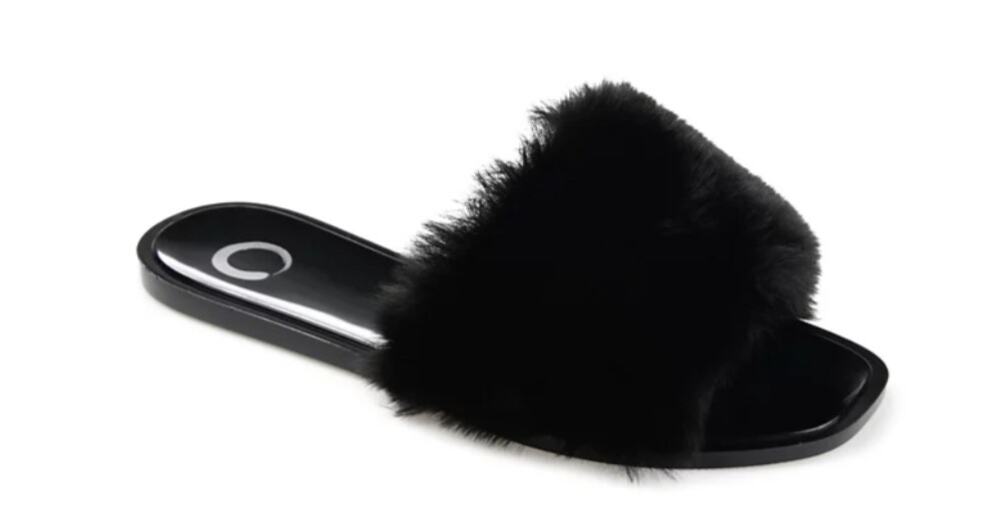 JOURNEE COLLECTION 'DUSK' FAUX FUR BAND SLIDE SANDALS BLACK WOMENS 7M NEW